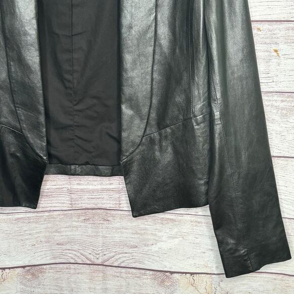 Vince. Women's Black 100% Leather Shawl Collar Tuxedo Open Front Jacket Size 10 - Picture 6 of 12